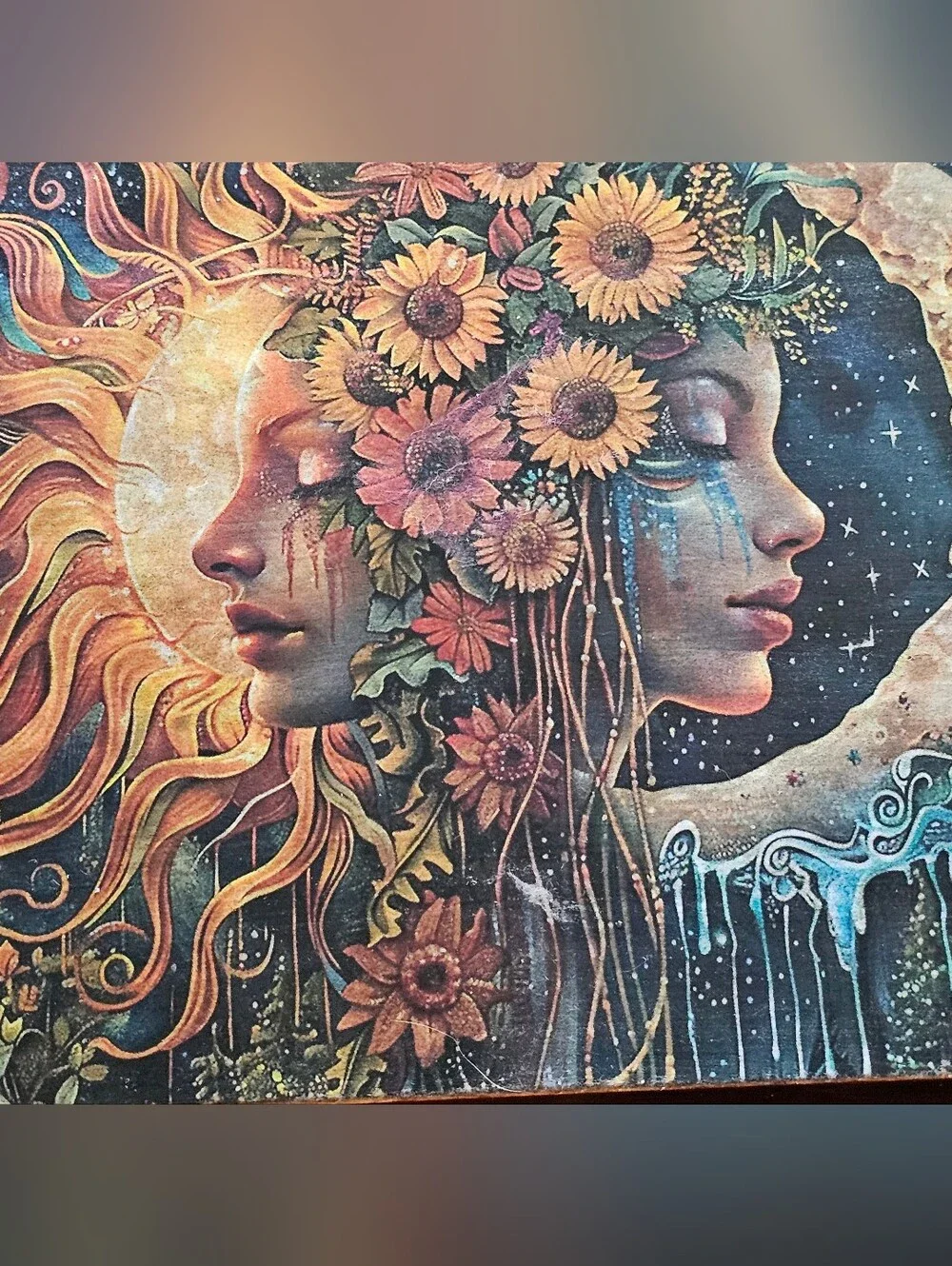 Artisan Upcycled Celestial Sun & Moon Wooden Jewelry / Crystal / Trinket Box